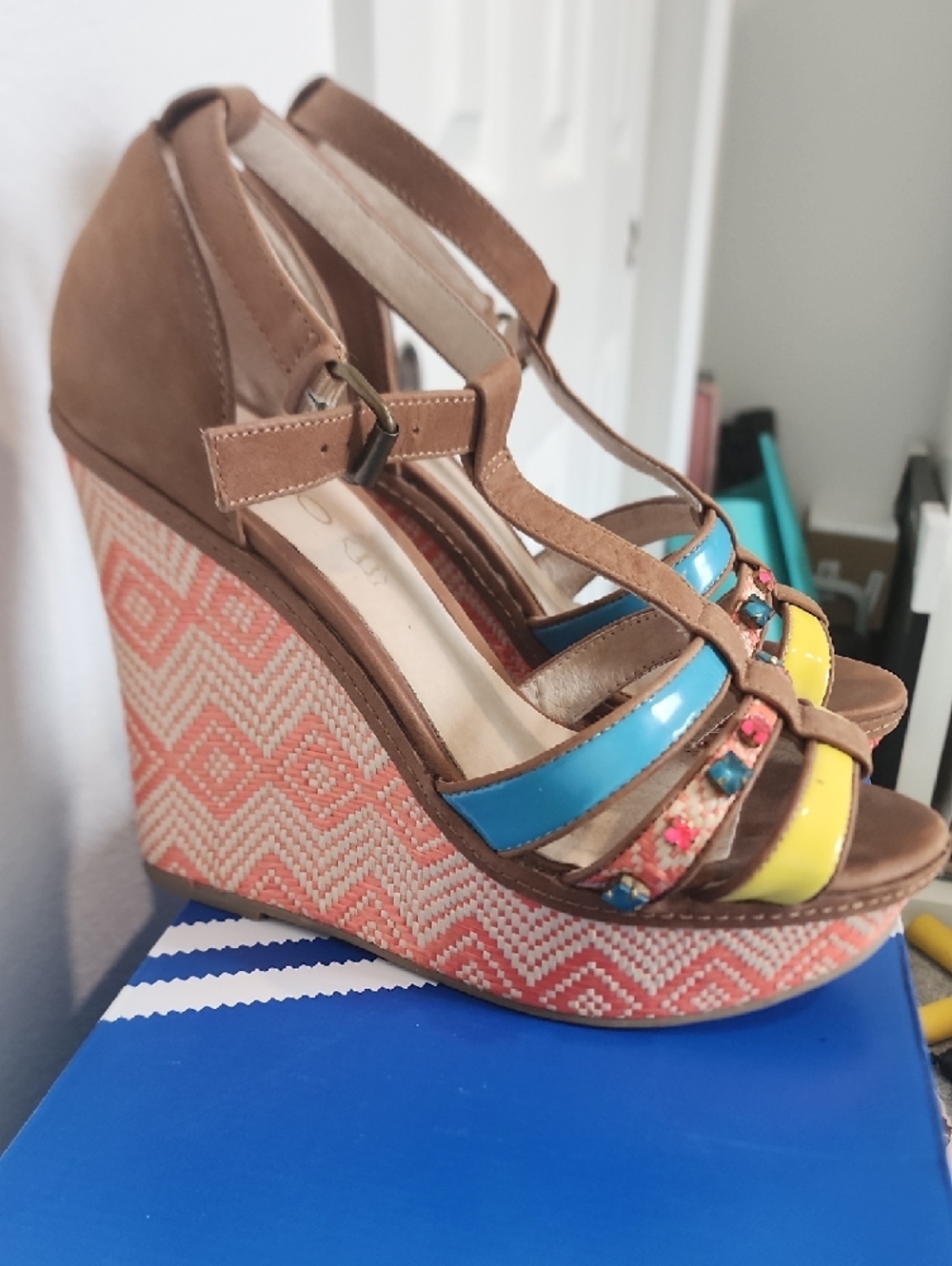 Aldo Tan Wedge Sandals with Yellow & Blue Straps - Picture 6 of 9